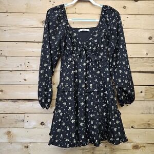 Altar'd State Floral Mini Dress XS Black Long Sleeve Ruffles Smocked